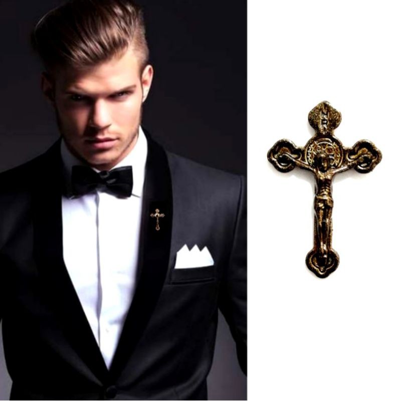Metal Brown Cross Pin Bros Jas Kameja Tuxedo Salib Mens Pria