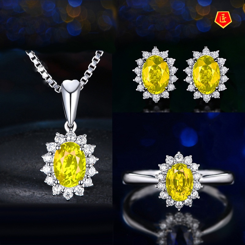 [Ready Stock]Full Diamond Sapphire Necklace Earring Ring Set