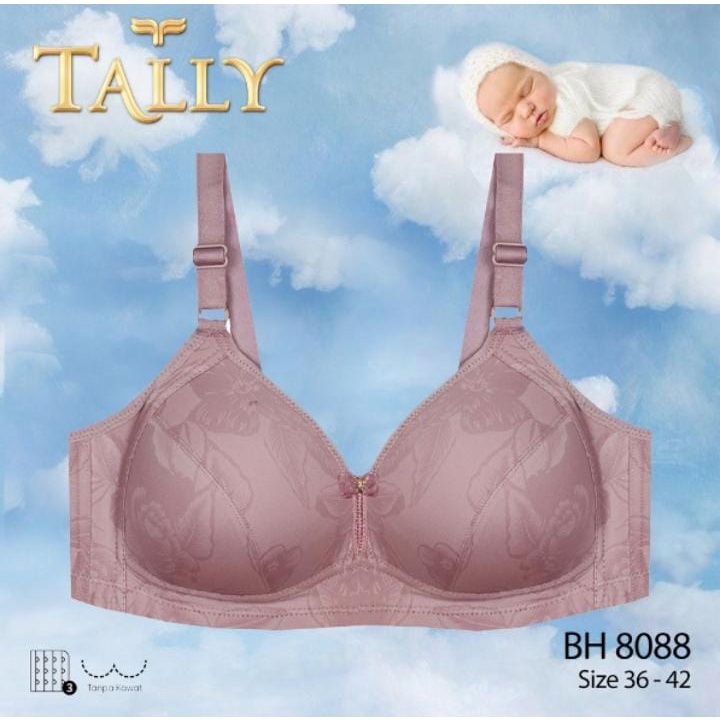 TALLY Bra Tanpa Kawat Bahan Katun Busa Tipis Cup C Kait 3 Bra Harian BH 8088 BABY SKIN