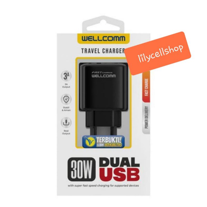 Charger Wellcomm Dual USB Port 30 W + kabel Type-C to Type-C
