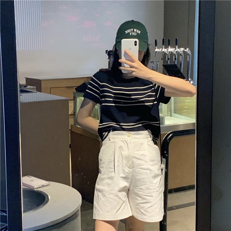 Kaos Lengan Pendek Wanita Import Atasan Rajut Korean Style Knit Crop Top Striped T-shirt