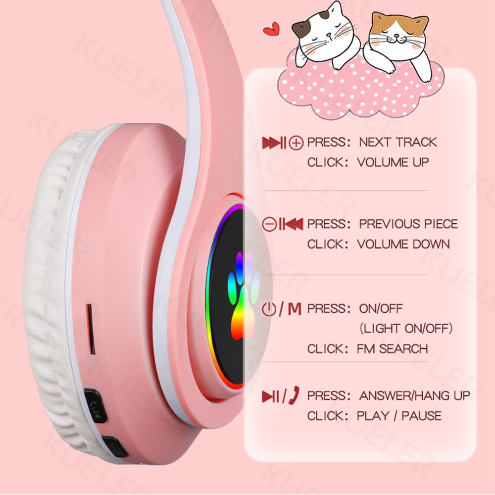 LED Color Light Cute Cat Ear Headphone with Mic B39M Foldable Wireless Headphones Bluetooth Earphone HiFi Stereo Headset Bluetooth Headset Gaming No Delay Henset Bloetooth
