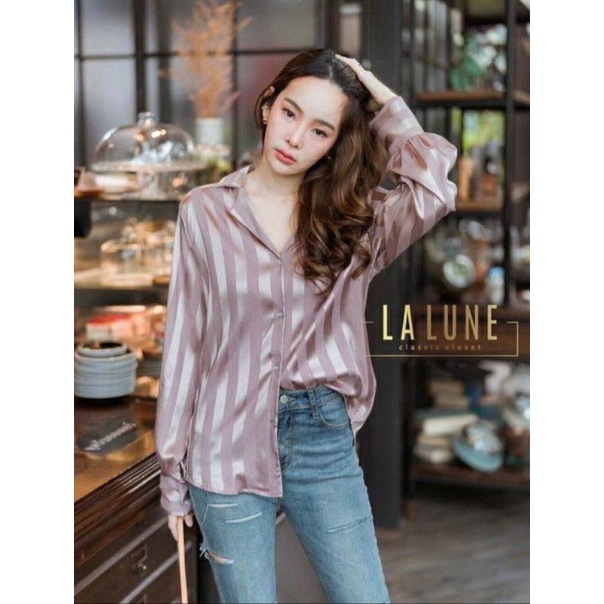 Ariana Stripes Satin Blouse / Baju Atasan Kemeja Salur Wanita Import