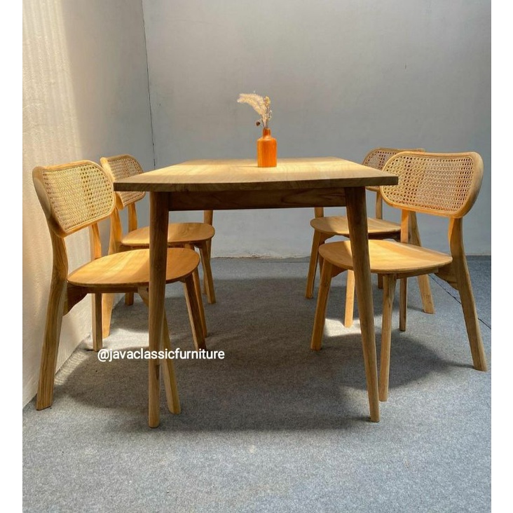 1 SET MEJA MAKAN KURSI ROTAN CAFE MINIMALIS VINTAGE DINNING CHAIR KITCHEN BAHAN KAYU JATI TPK GRADE A FURNITURE MEUBEL JEPARA-2