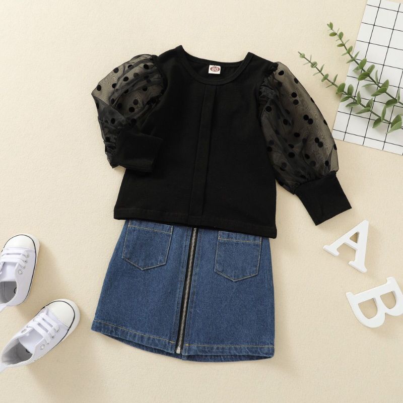 setelan anak perempuan model rok denim dan atasan lengan panjang hitam model balon asli import ready