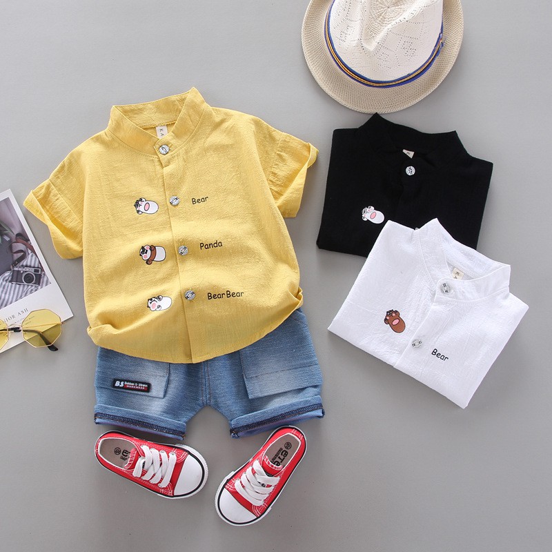 LittleAaron SET KEMEJA ALFON BEAR 212 EBV Setelan Kemeja Bayi Laki-laki Lengan Pendek celana softdenim melar