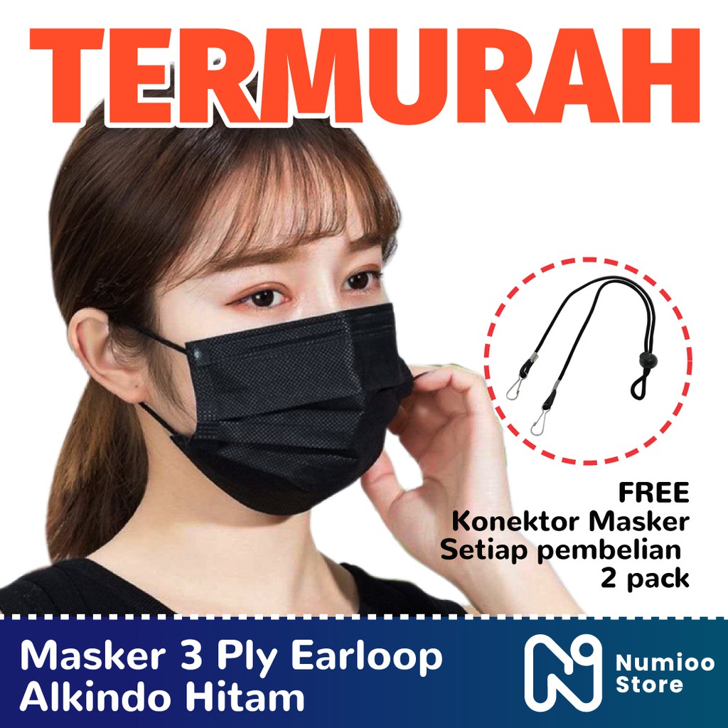 Masker 3 Ply Earloop Alkindo Hitam 50 Pcs