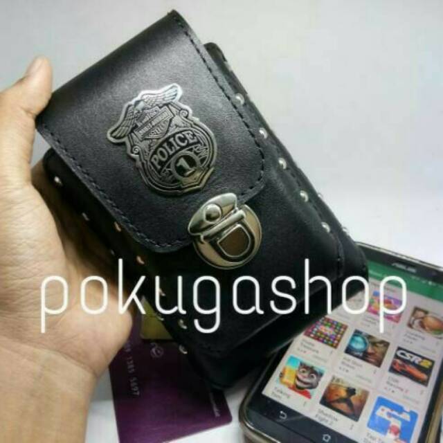 Dompet hp kulit / sarung hp kulit / doublecase logo police kulit asli garut hitam / dompet hp pria
