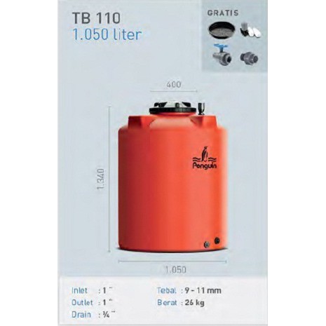 Tangki / Tandon / Toren Air merk Penguin tipe TB 110 (1050L)