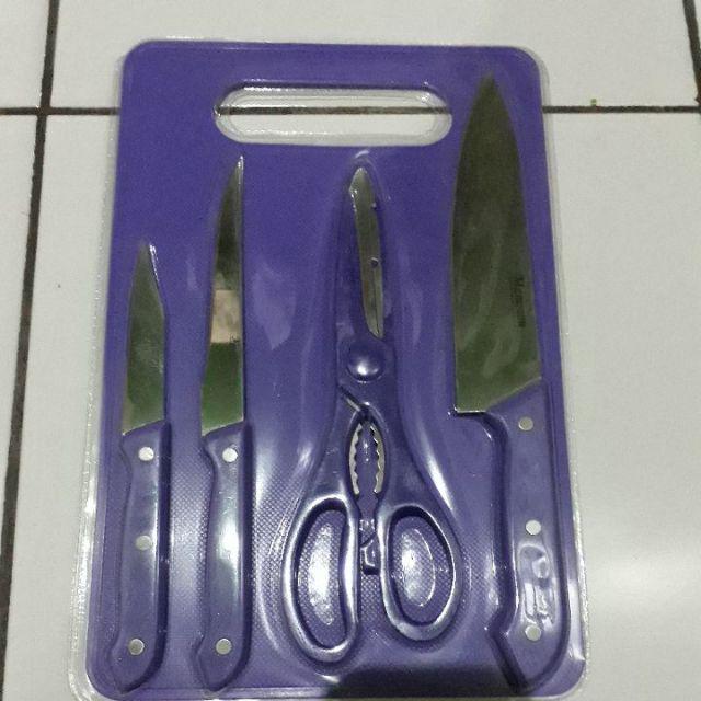 Pisau Set Dapur Talenan Pisau Set Bungkus Press Pisau Masak Pisau Gunting Talenan Warna Hijau Pink