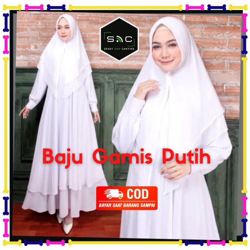 Gamis Putih Polos Syari Set Kerudung Jilbab Syar'i 2 Layer Baju Fashion Muslim buat Umroh Mewah