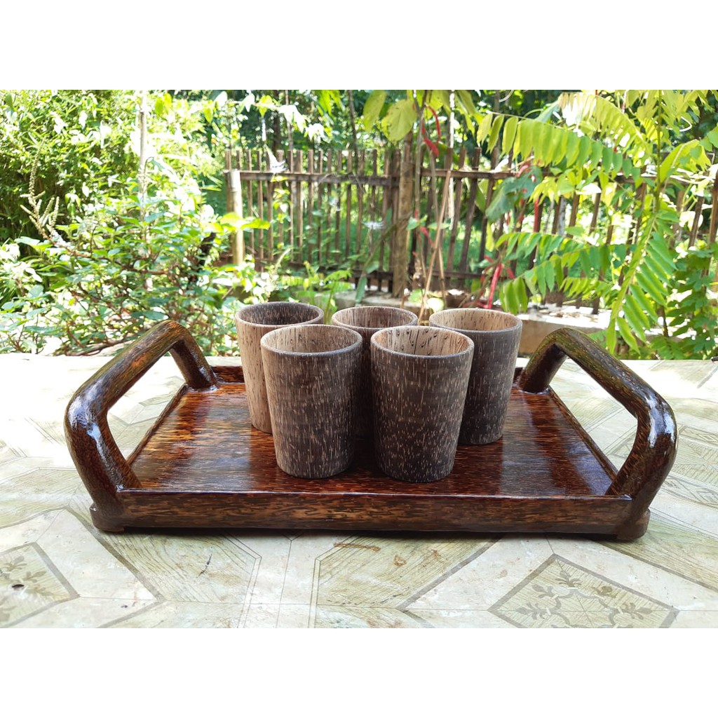 Satu set baki ruyung nampan ruyung dan gelas ruyung