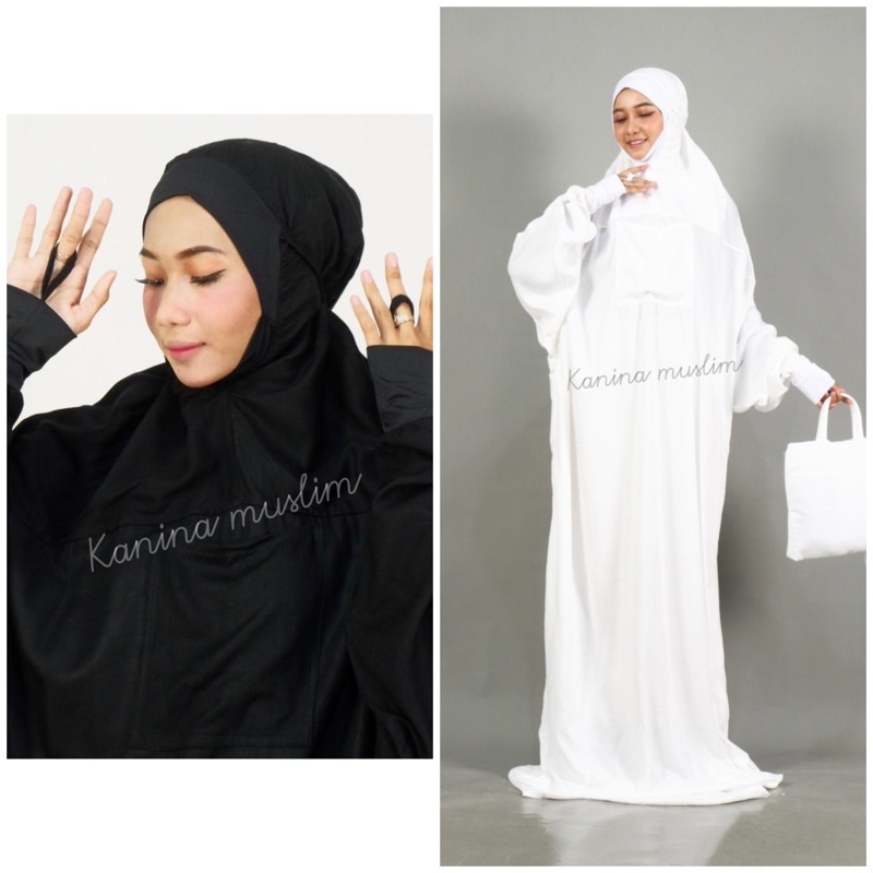 Mukena Terusan Malaysia Manset Rayon Mukenah Hadramaut Jumbo Dewasa Hitam Putih