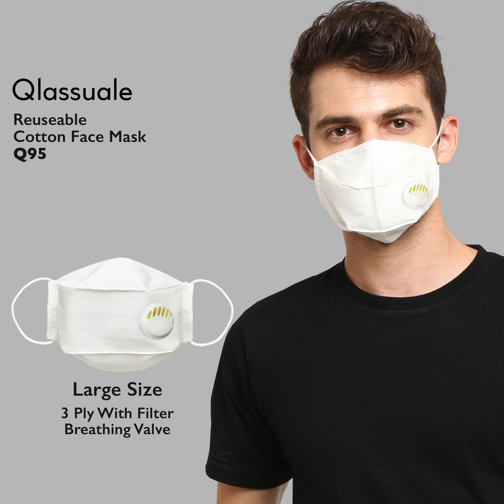 Qlassuale - Masker Kain 3D - Q95 With Filter + Breathing Valve MEN/Large -White