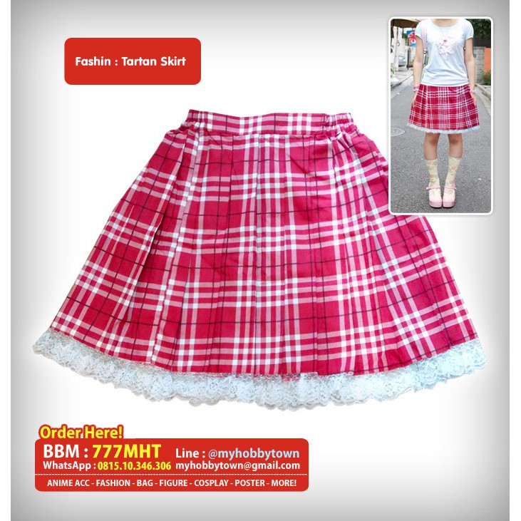 Rok Tartan Kotak-Kotak Merah Renda / Lace