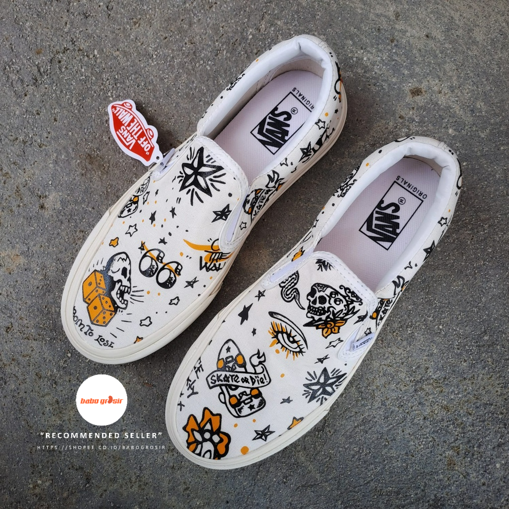 PROMO Sepatu Vans Slip On U-Color Tattoo True White Premium Import Quality, Harga Termurah, Kualitas Terbaik