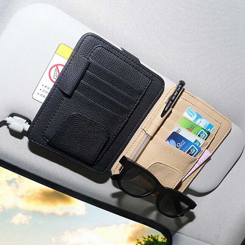 Holder Kartu / Pulpen / Kacamata Multifungsi Bahan Kulit Pu Untuk Sun Visor Mobil