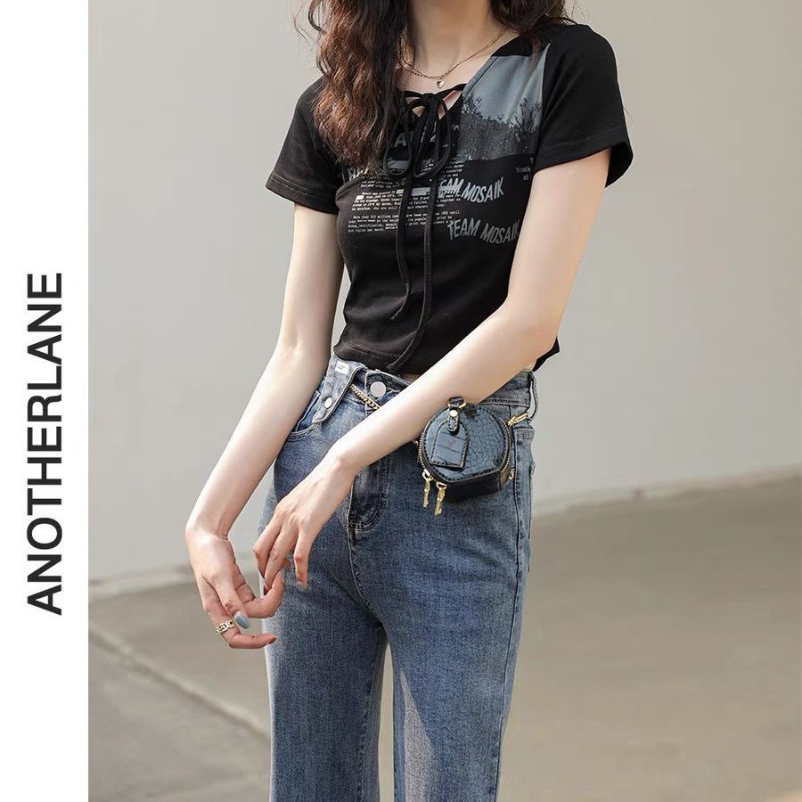 Loveheynew Amerika Retro Cetak Renda Halter Leher T-shirt Wanita Niche Gadis Panas Pendek Slim Lenga