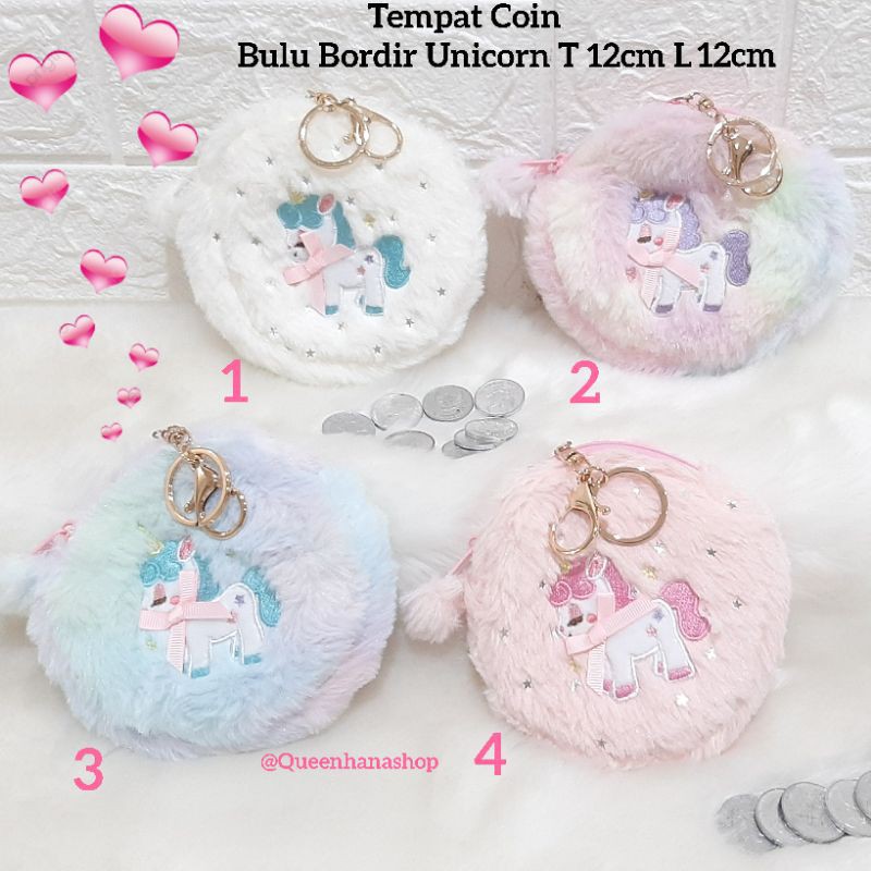 Tempat Coin Bulu Unicorn Gantungan Kunci Dompet Coin Lucu Motif Unicorn