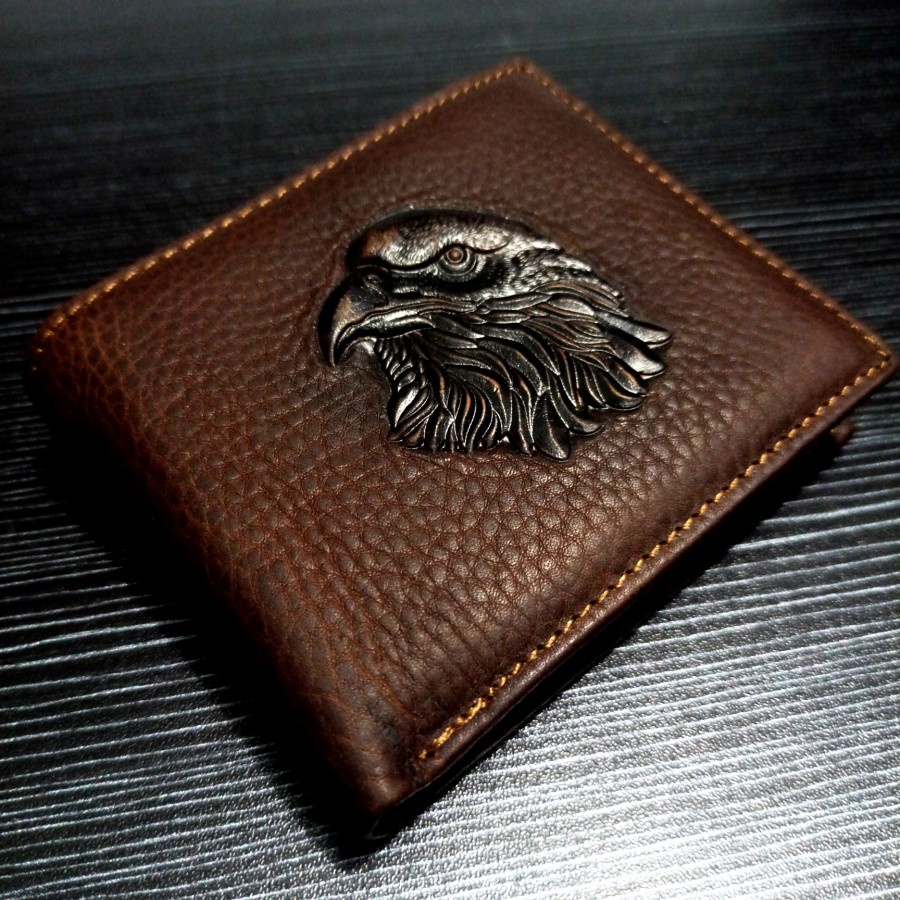 Dompet Kulit asli Pria logo Burung Elang Model tiga Dimensi