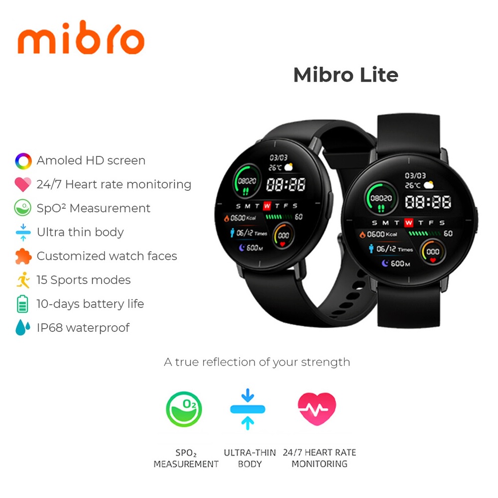 MIBRO LITE Smartwatch - IP68 Waterproof Sporty AMOLED 1.3-inch Screen - Jam Tangan Pintar 15 Sports Mode Tahan Air IP68