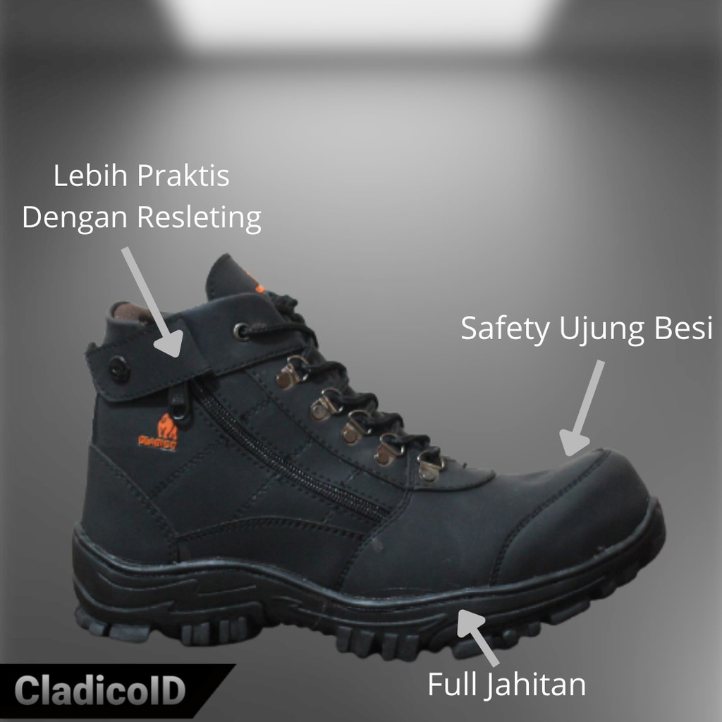 Sepatu Boots Pria Safety Ujung Besi dengan Resleting Outdoor Kerja Lapangan Boot Proyek Sefty Shoes Luar Ruangan Hiking Mendaki Gunung Berkendara Cladico Liontinggi