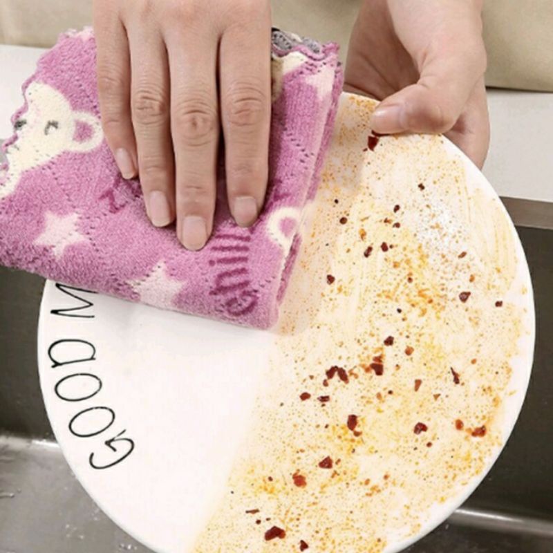Kain lap piring microfiber anti minyak ukuran 25x25 bahan coral fleece elap topo