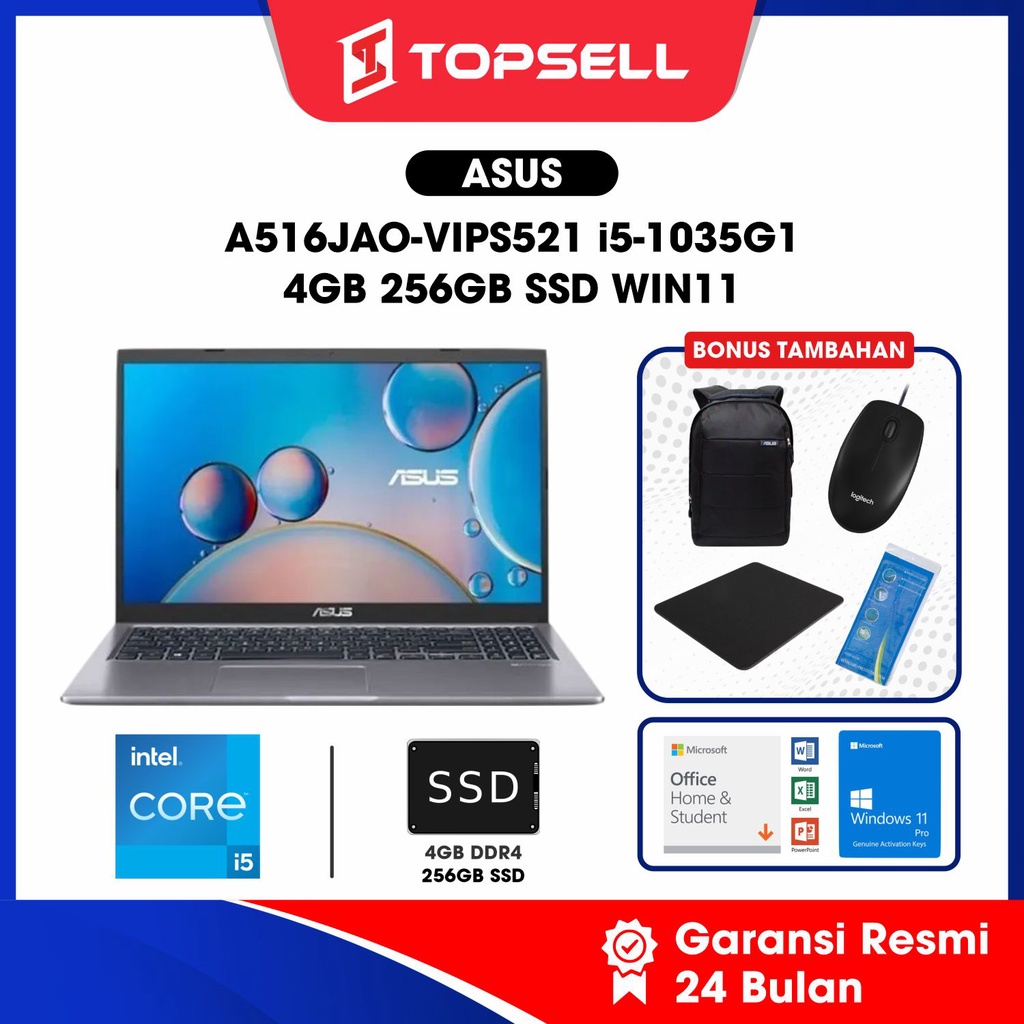 ASUS VIVOBOOK 15 Inch Core i5 1035G1 VIPS 4GB 256GB SSD A516JAO WIN11 ORIGINAL GARANSI RESMI 24 BULA