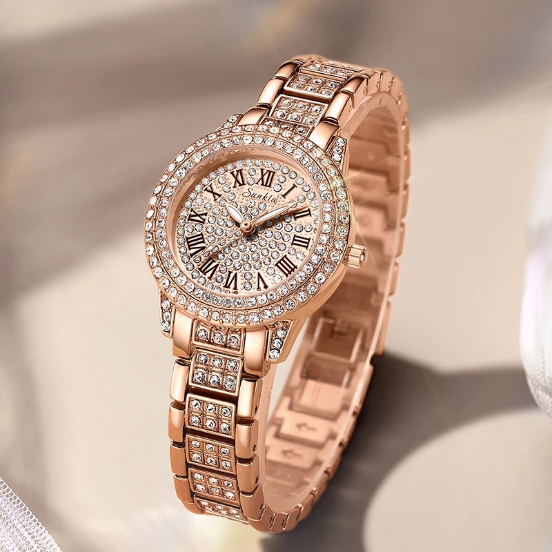 SUNKTA 2022 Jam Tangan Wanita Kristal Berlian Emas Besi tahan karat Jam Tangan Wanita Kecil Dial Gel