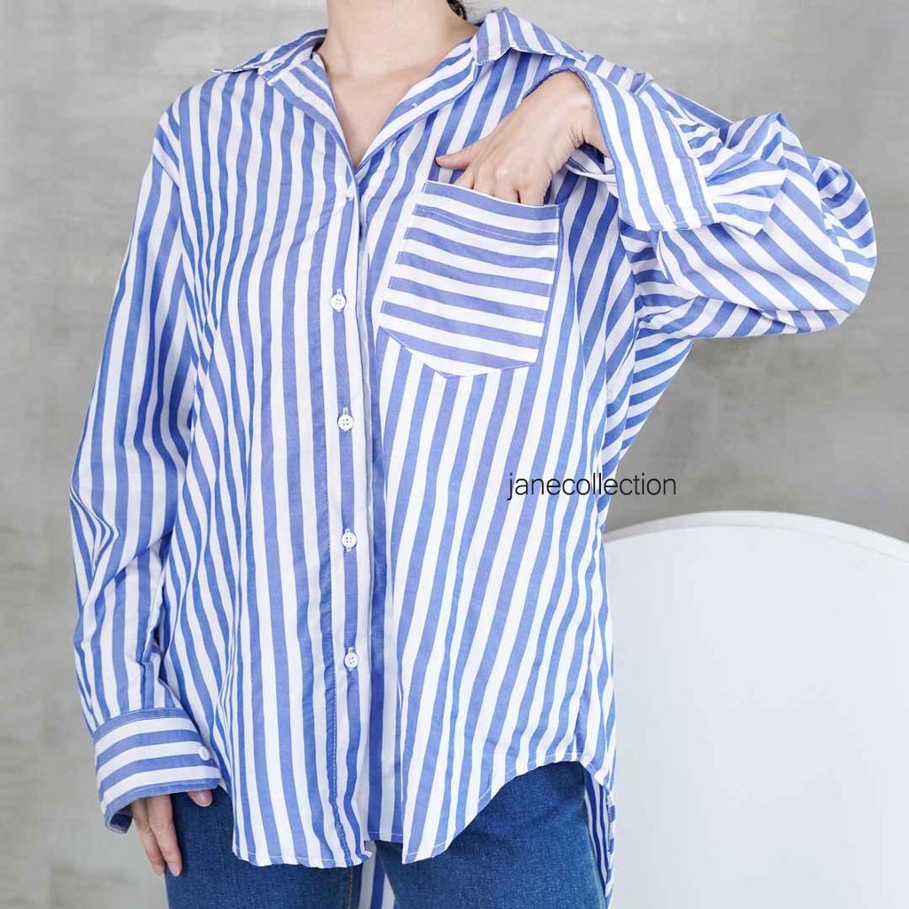 JANE COLLECTION || Kemeja Wanita Oversize Lengan Panjang Kemeja Jumbo Salur Garis Katun Nabila Oversized Shirt Cotton XXXL