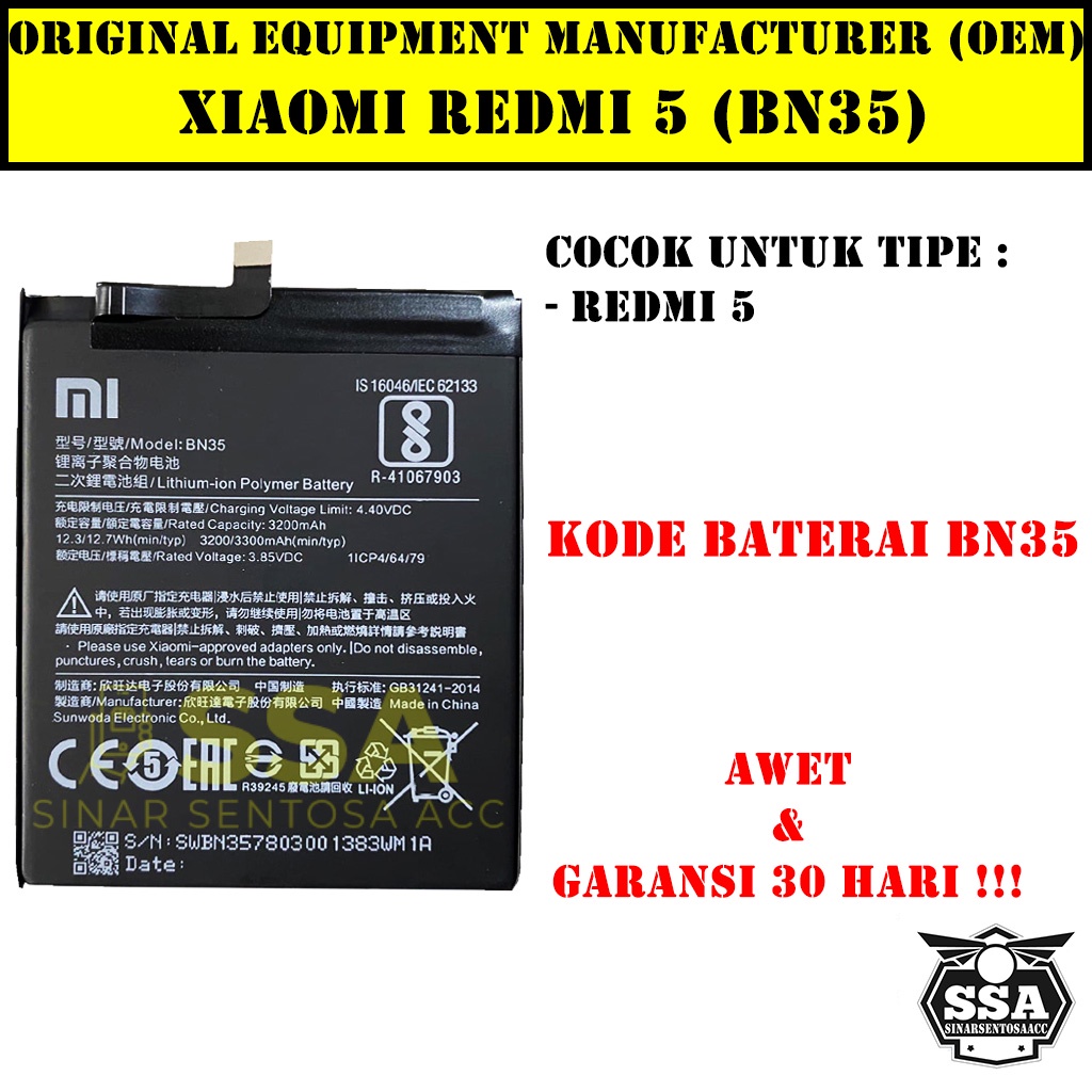 Baterai Xiaomi Redmi 5 BN35 Redmi5 Xiaomi5 BN35 Redmi BN 35 Original OEM Batu Batere Batre Battery Batrai Batrei ori hp Xiao Mi Garansi