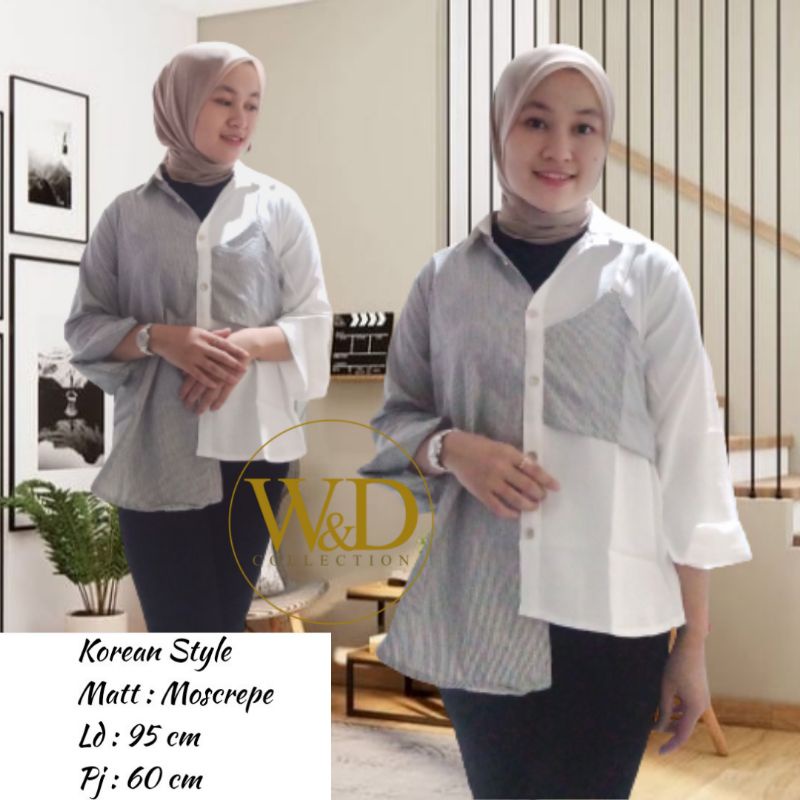 Kemeja Wanita Atasan Blouse Casual Polos Kombinasi Warna Lengan Panjang Model Pinguin Bahan Moscrepe