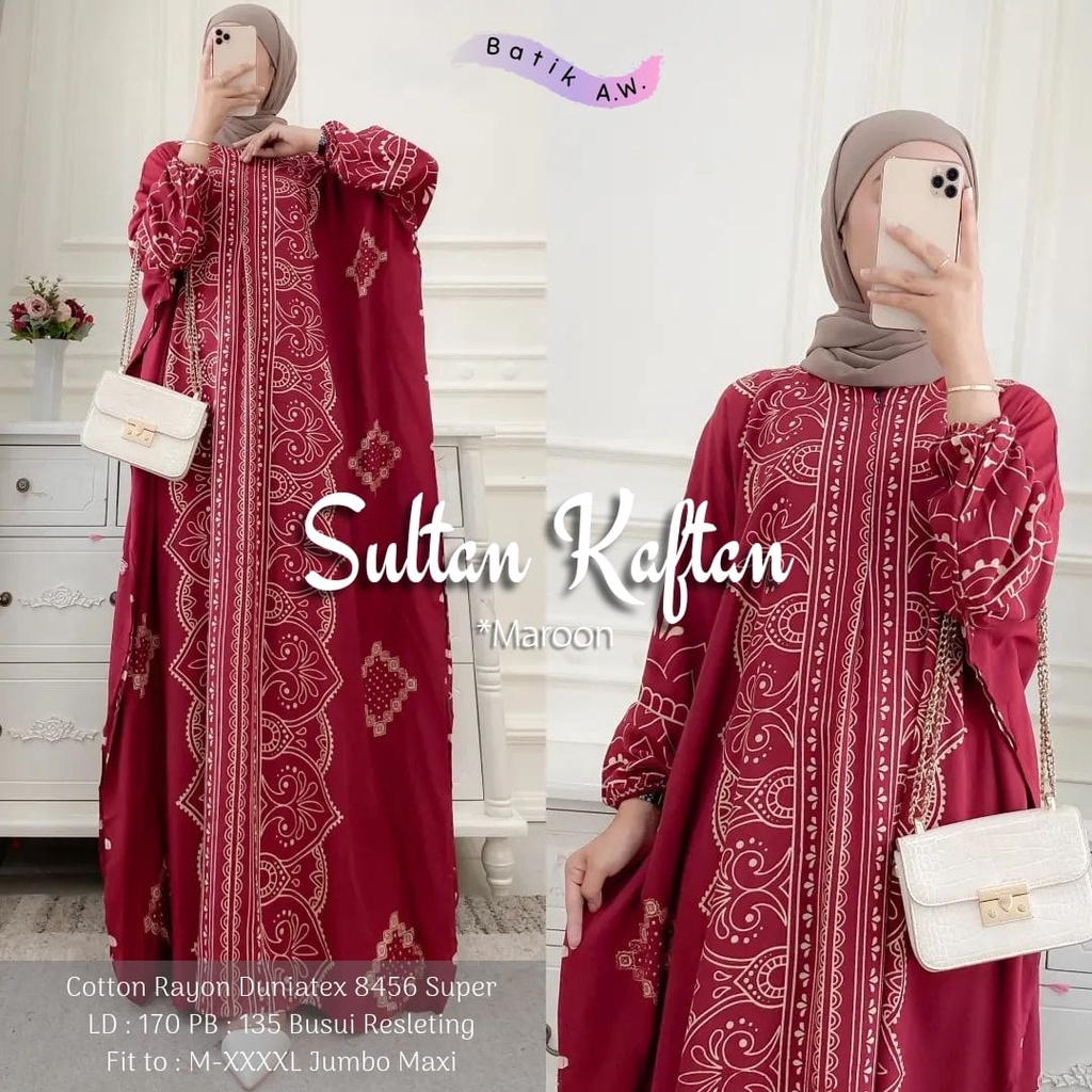 Batik AW - Sultan Kaftan Wanita Jumbo XXXXL Motif Batik Sultan Lengan Panjang Busui Resleting Gamis Rayon