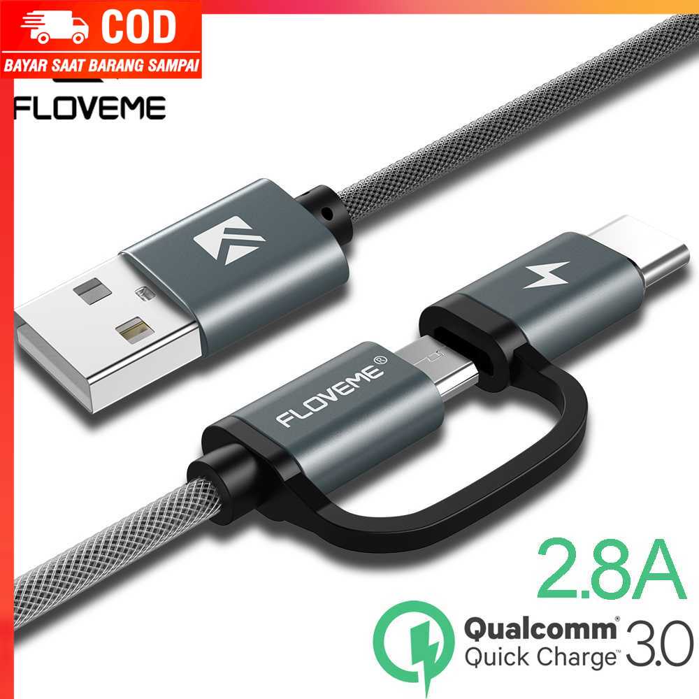 (100% BARANG ORI) Kabel Charger 2 in 1 Micro USB+USB Type C QC3.0 2.8 A 100 cm