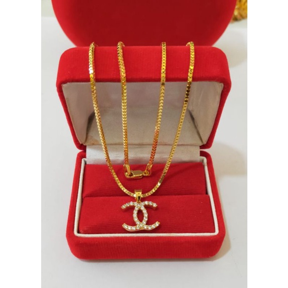 Kalung Milano Kaca + Liontin Chanel mata2, Perak 925, Sepuh Emas Kuning