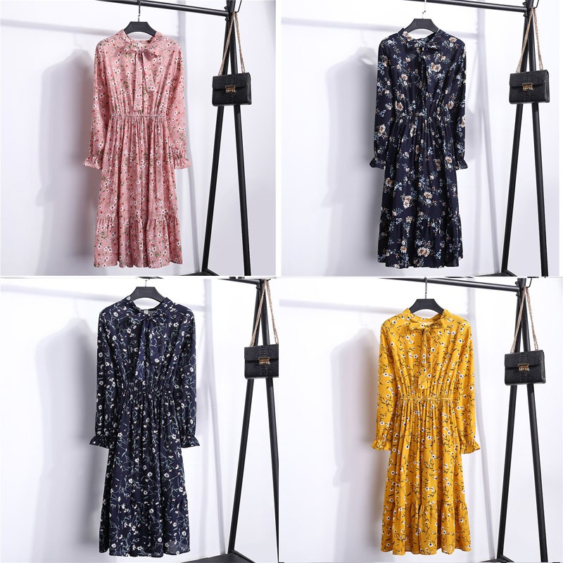 Dress Korea Solid - Hitam/Merah, Motif Bunga, Muslimah