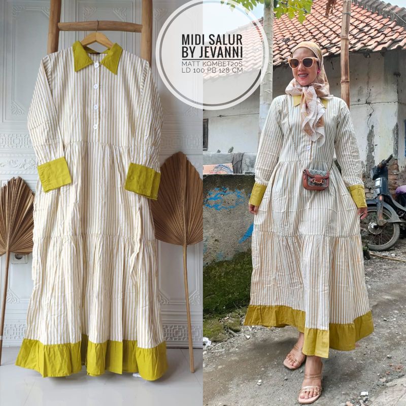 MIDI DRESS SALUR COMBAD ORI RUFFLE KEKINIAN MURAH GAMIS WANITA MAYUNG