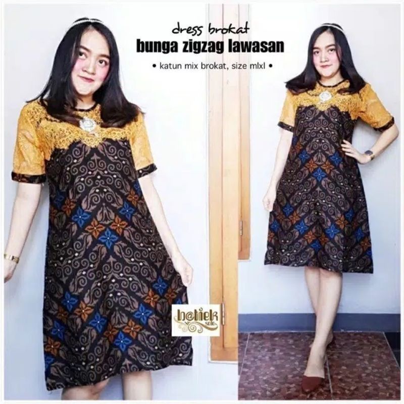 (COD) Dress Brokat Bunga Zigzag Lawasan BestSeller Seragam Batik Kantoran Baju Kondangan dress batik-Dress zigzag kuning