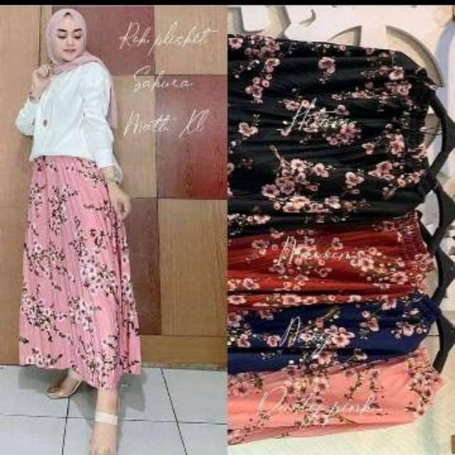 ROK PLISKET PREMIUM MOTIF BUNGA SAKURA MAYUNG REAL PICT