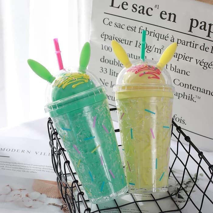 H12 Botol Minum Tumblr Ice Cup Summer Tutup Telinga Kelinci 450ml H-12 / Bunny