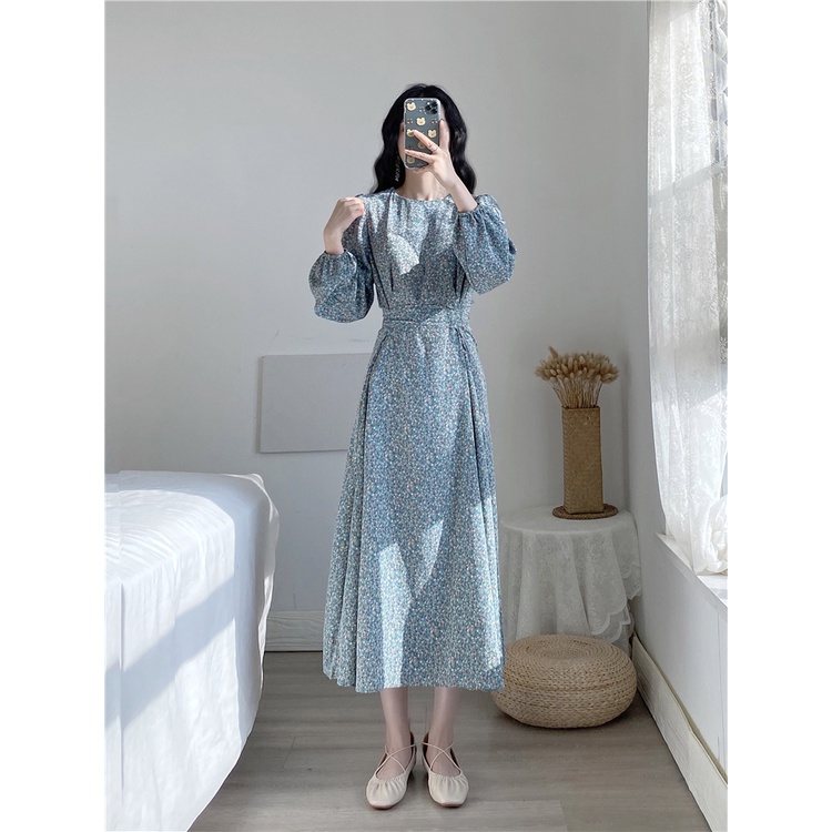 AIMEI Dress Model korea Round Neck Motif Bunga Gaya Retro Untuk Wanita