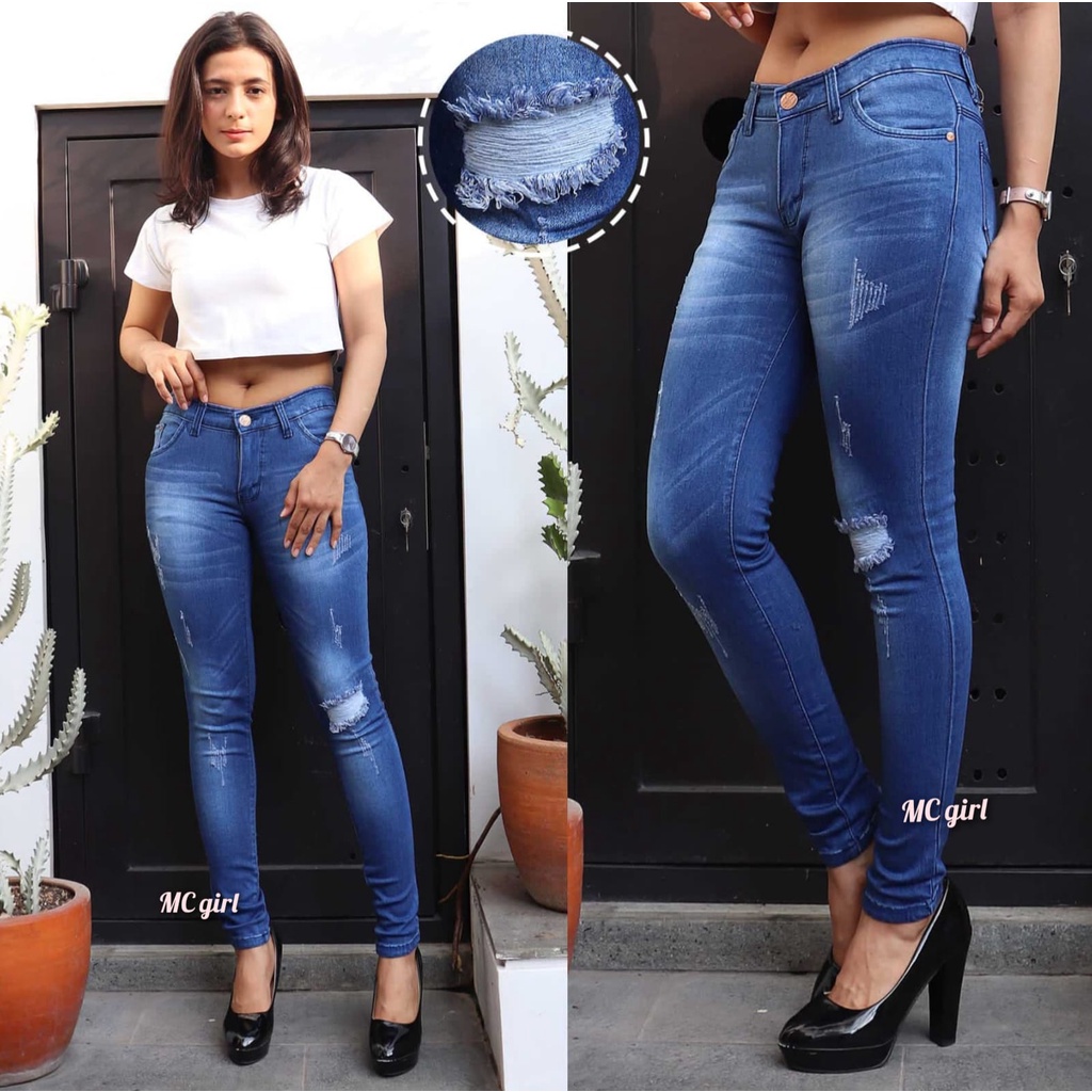 MC girl - Celana Jeans Sobek Tidak Tembus Warna Diamond Wanita / Celana Lepis Panjang Sobek Cakar Daimon / Celana Denim Skinny Pensil Ripped Ada Lapisan