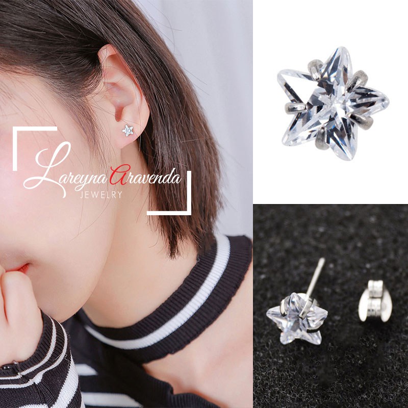 Anting Wanita Titanium Asli Bintang Crystal Kristal Zircon AAA ET006