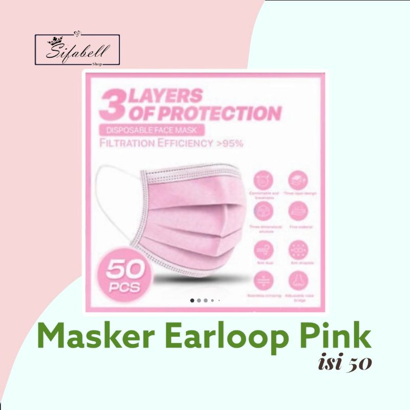 Masker Earloop 3ply Pink Disposable Mask Merah Muda isi 50 Pcs