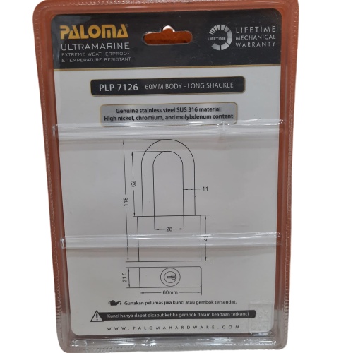 PALOMA PLP 7126 Gembok Padlock 60MM LONG Anti Cut STAINLESS SUS 316