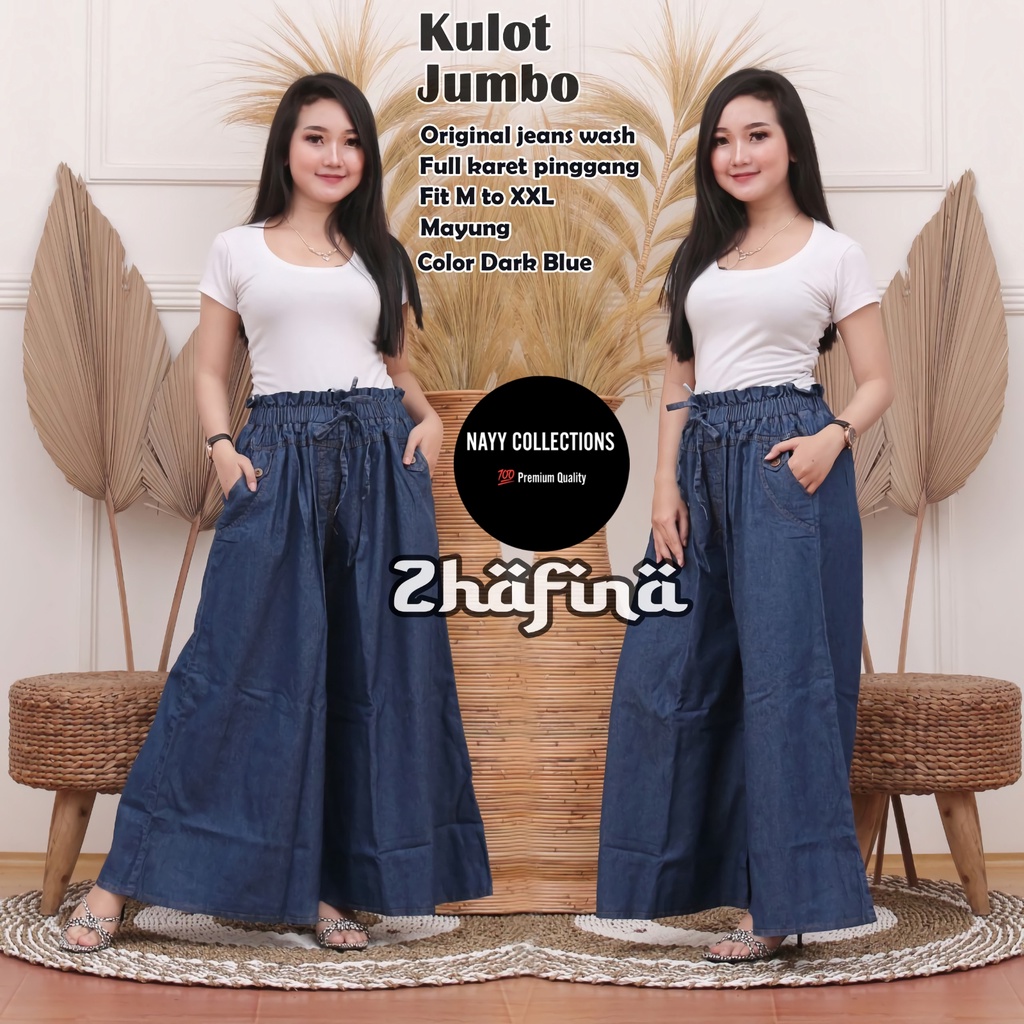 Celana Panjang Kulot Jeans Jens Levis Jumbo Wanita Hight Waist Big Size Pinggang Karet Kekinian Terbaru Lp 70-120 P 95 Allsize-Blue
