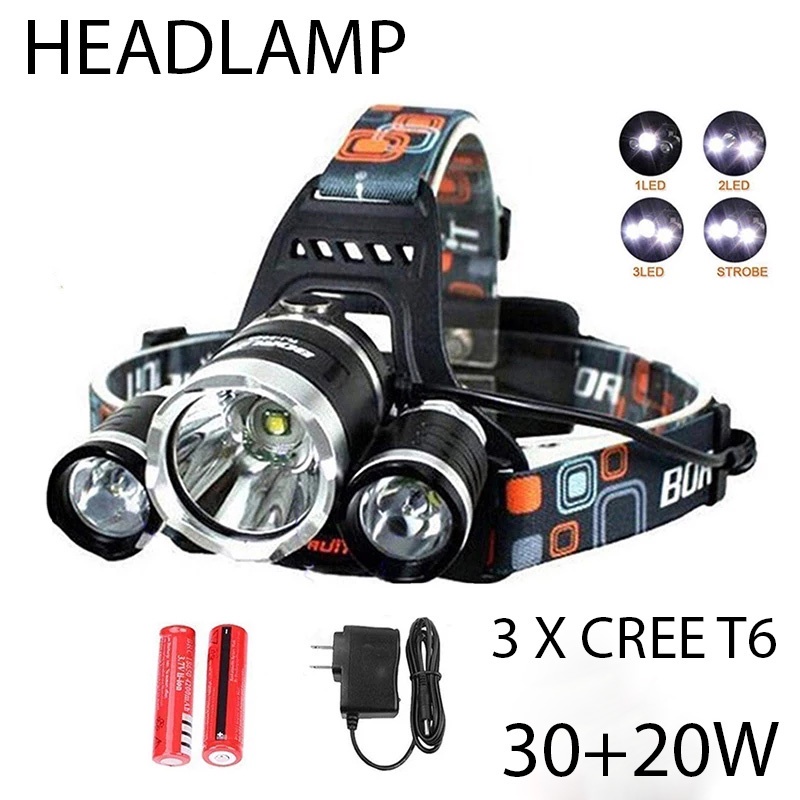 Senter Kepala Headlamp 3 LED Cree XM-L 3T6 / Senter Kepala 3 Lampu T60 30 + 20W / Headlamp 3 LED CHARGERABLE