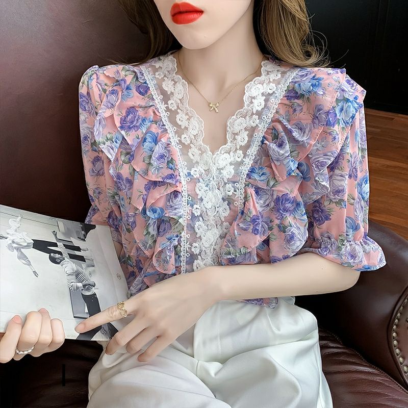 MDLV ~ 2422# Darrena Ruffle Top Sifon Blouse Flower Blouse Korea Fashion Import