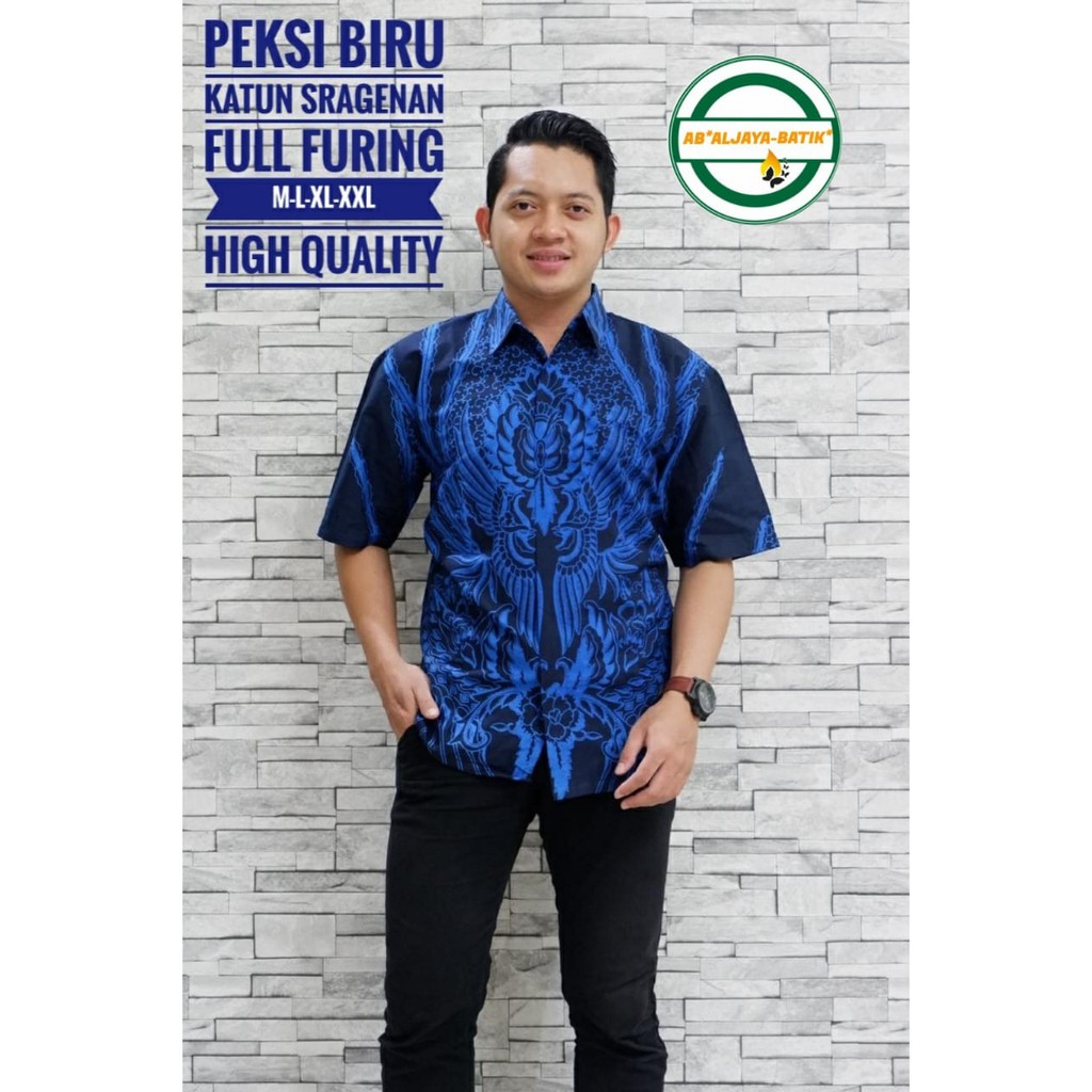 PEKSI BIRU Baju Kemeja Batik Pria Solo Premium Modern Lengan Pendek Katun FULL FURING Aljaya