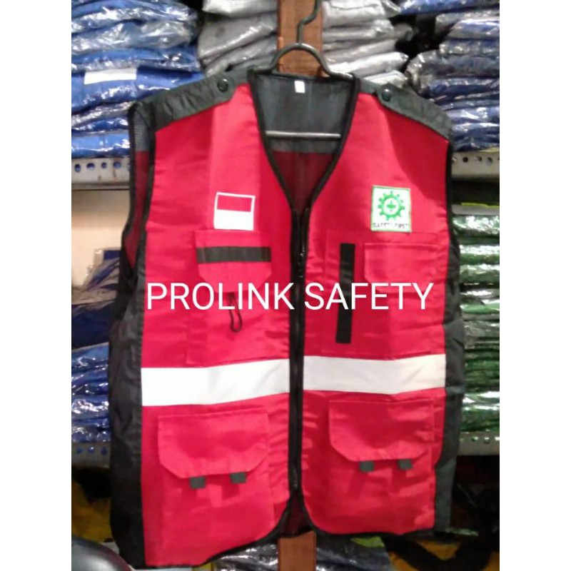 ROMPI SAFETY BAHAN TASLAN FREE LOGO K3 BENDERA MODEL MERAH HSE RESLETING